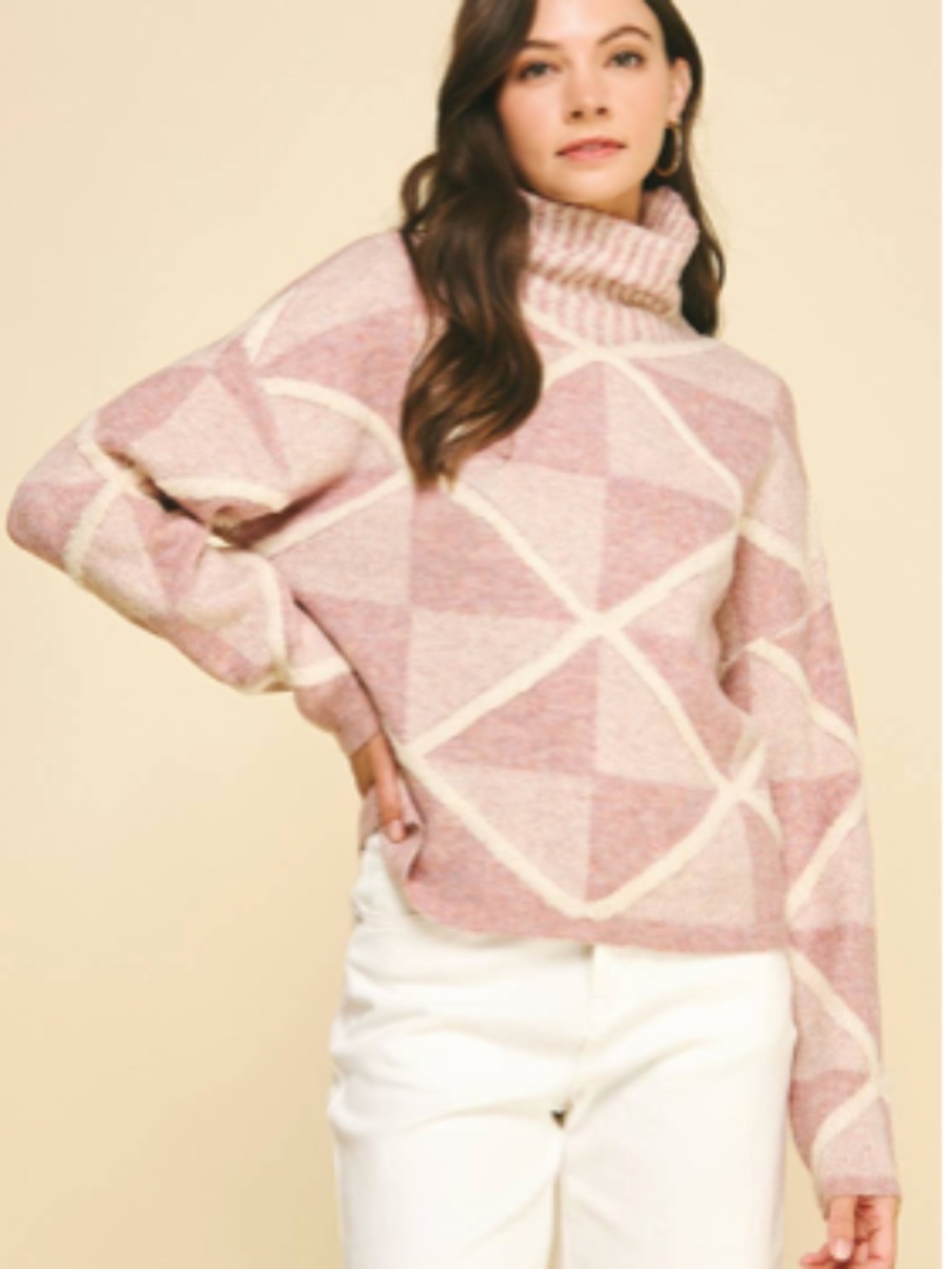 Pinch Maxine Diamond Pattern Pink Turtleneck Sweater